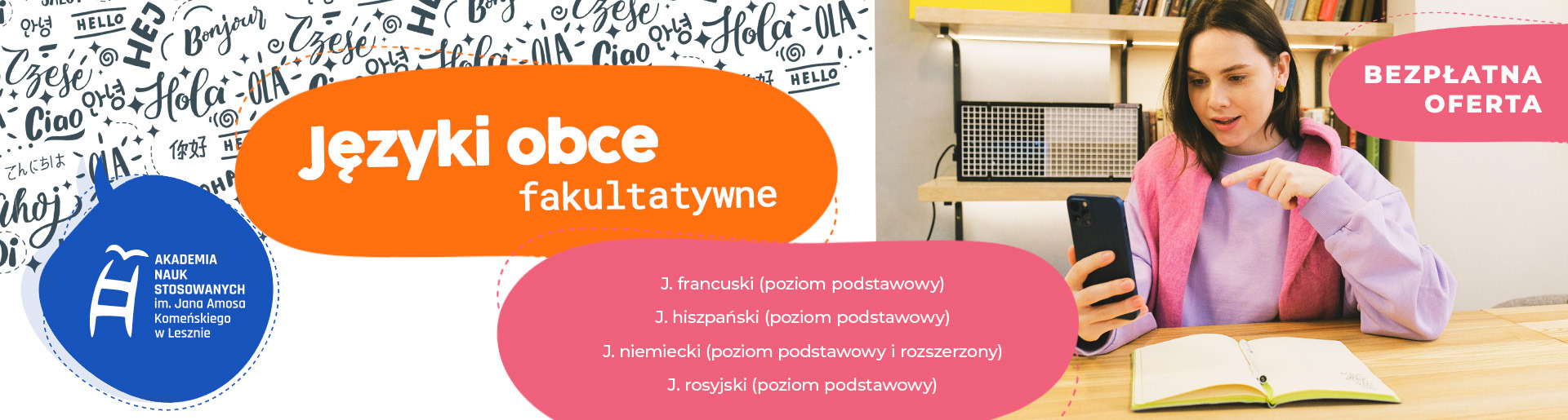 Tekst: języki obce fakultatywne, bezpłatna oferta, j. francuski, j. hiszpański, j. niemiecki i j. rosyjski.