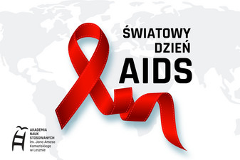 Czerwona wstążka na tle mapy świata. Tekst: Światowy Dzień AIDS.